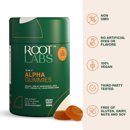 ROOT LABS 10-in-1 Alpha Shilajit Gummies | 4000 mg Pure Himalayan Shilajit with Tongkat Ali & Maca Root | for Men & Women | ShilAbsorb Bioavailability Tech | Sugar-Free, Vegan | 60 Gummies